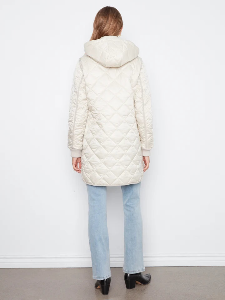 Puffer With Sweater Rib & Removable Hood - Pearl