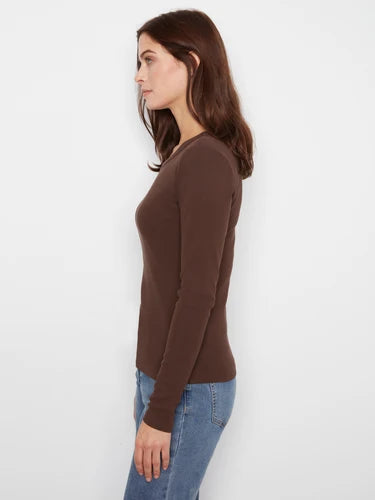 Cotton Blend Ribbed Long Sleeve Top - Coffee