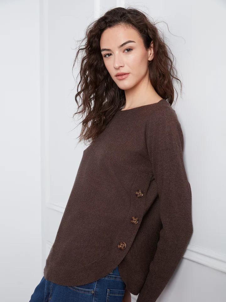 Long Sleeve Drop Shoulder Boat Neck Sweater With Side Buttons Detail