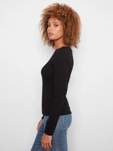 Cotton Blend Ribbed Long Sleeve V-Neck Top - Black