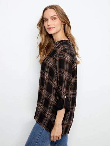 Plaid Double Gauze Blouse - Black