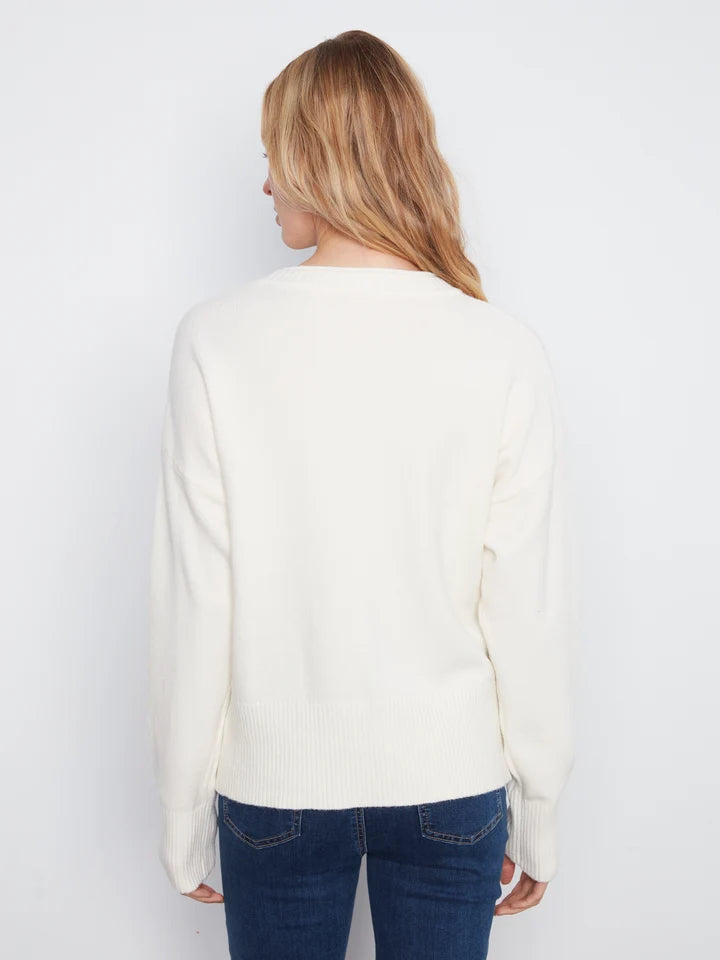 Crew Neck Cropped Sweater with Pocket - Ecru