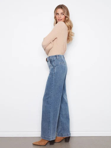 Wide Leg Jeans With Removable Belt - Medium Blue