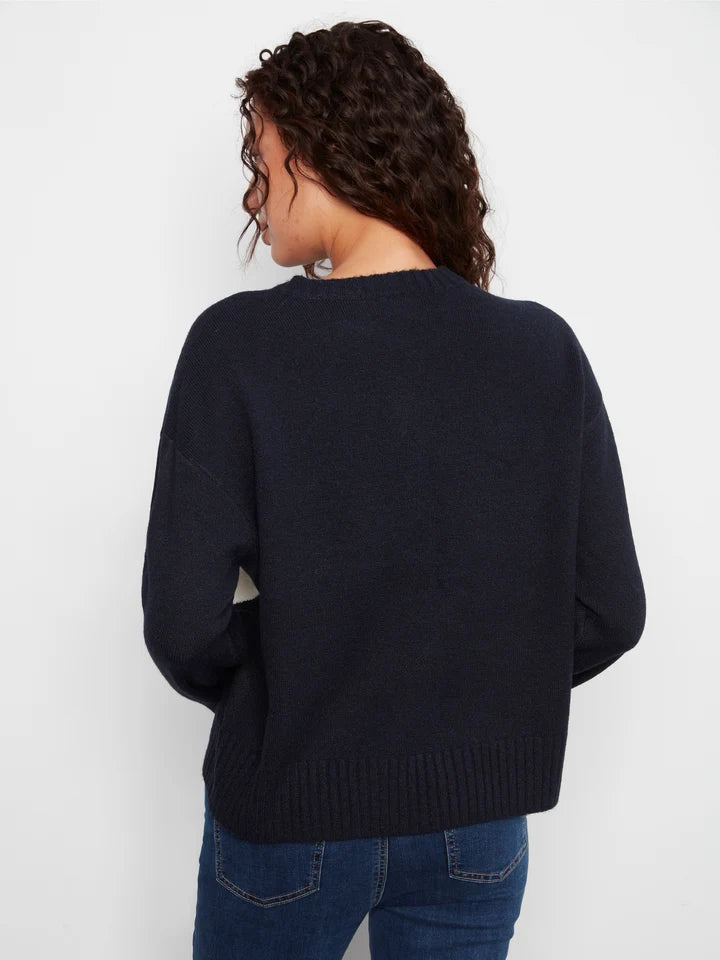 Long Sleeve Drop Shoulder Crew Neck Sweater With Argyle Jacquard & Whipstitch Detail