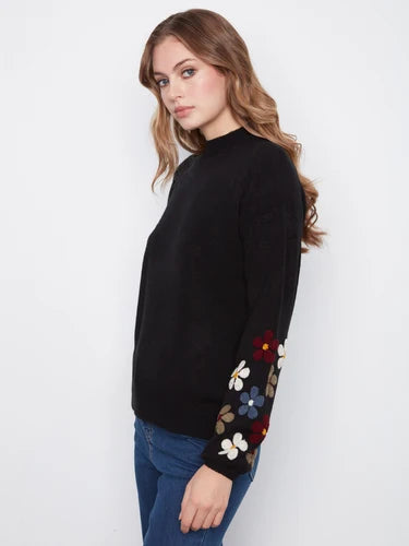 Mock Neck Sweater With Embroidered Flowers - Black