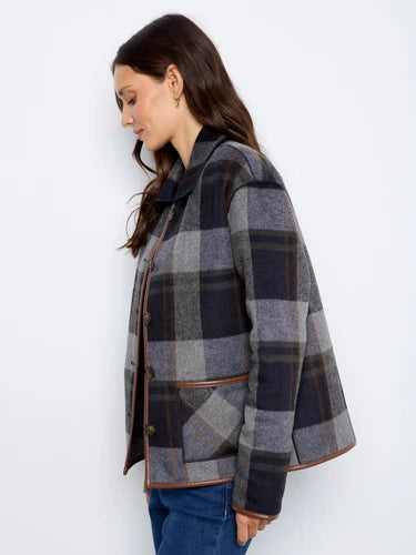Reversible Plaid Jacket With Faux Leather Binding - Navy
