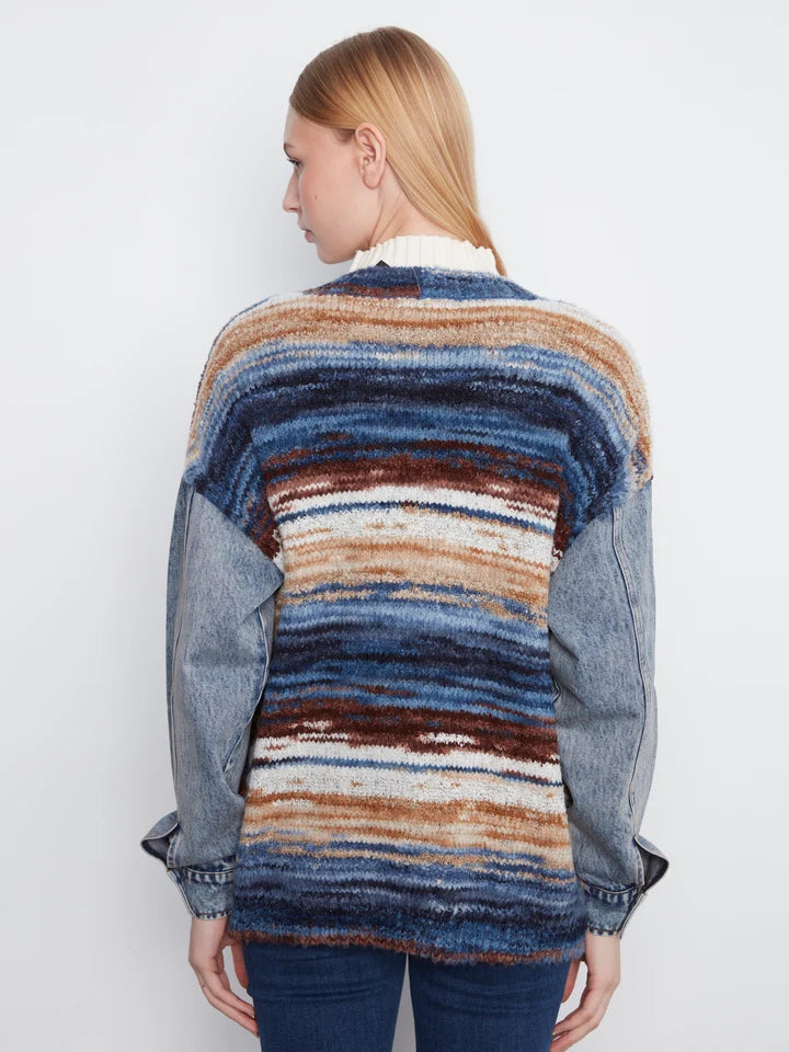 Space Dye Yarn Cardigan With Denim Combo