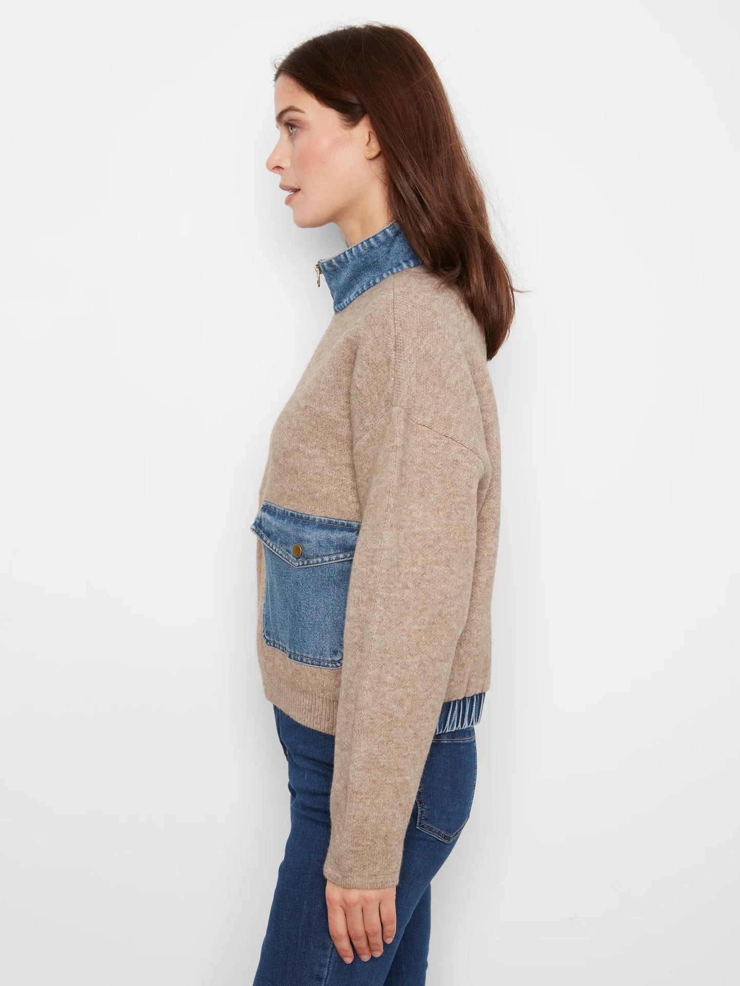Zippered Sweater Jacket with Denim Accents