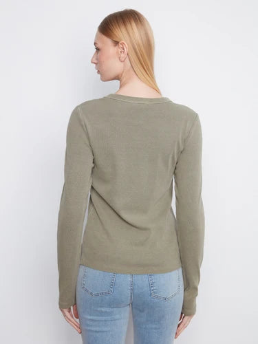 Cotton Blend Ribbed Long Sleeve Top - Verveine