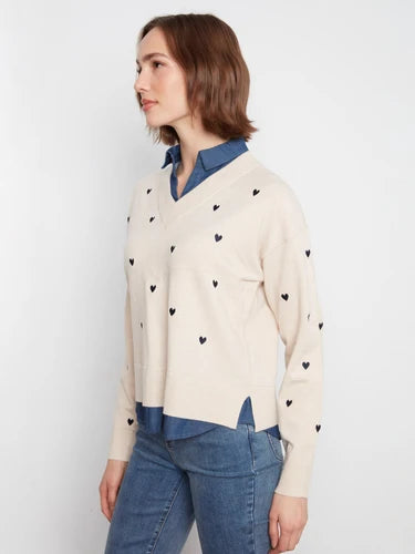 Layered Shirt Sweater With Embroidered Hearts - Heather Oat