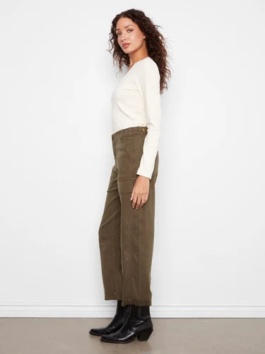 Cropped Barrel Leg Twill Pants - Olive