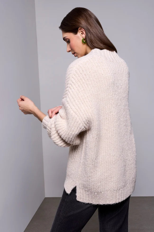 Oversized Chunky Ribbed Deep V-Neck Knit Sweater-Neck - Cream