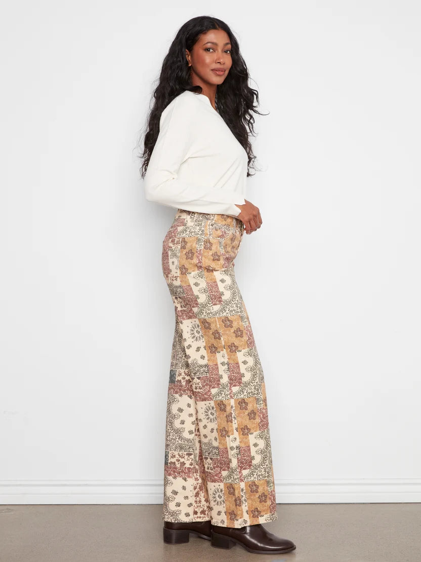 Wide Leg Printed Twill Pants