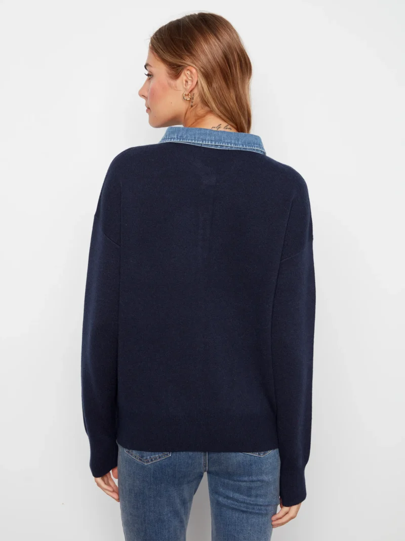 Soft Comfortable Polo Collar Sweater - Navy