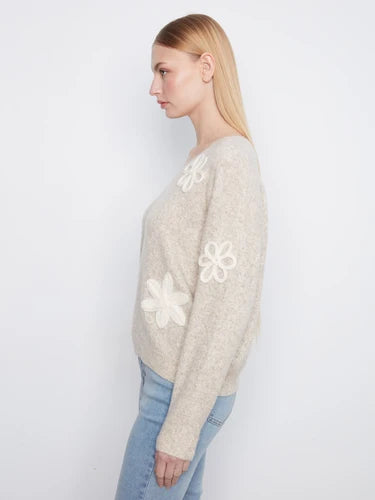 Floral Appliqué V-Neck Sweater - Heather Almond