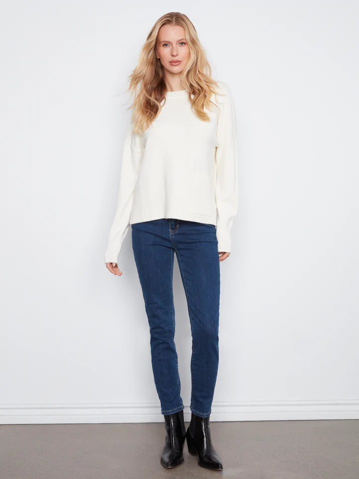 Crew Neck Cropped Sweater with Pocket - Ecru