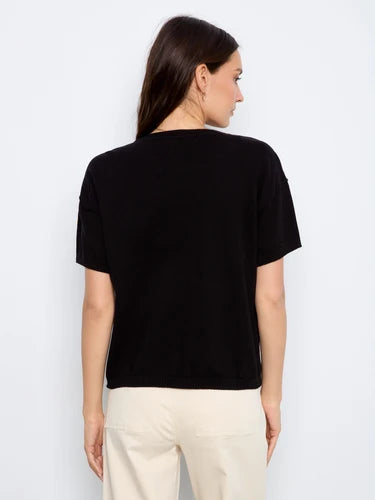 Cotton Floral Embroidered Short Sleeve Sweater - Black