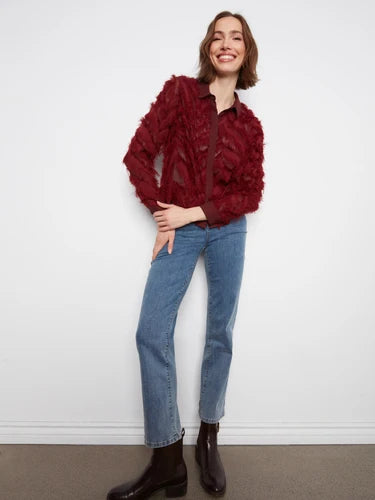 Fringe Chiffon Button-Front Blouse - Merlot