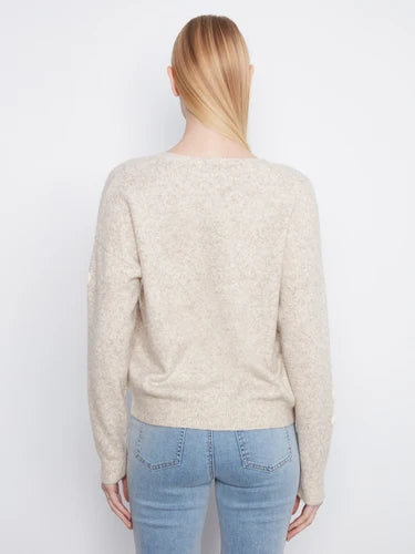 Floral Appliqué V-Neck Sweater - Heather Almond