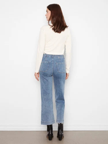 Cropped Wide Leg Stretch Jeans - Medium Blue