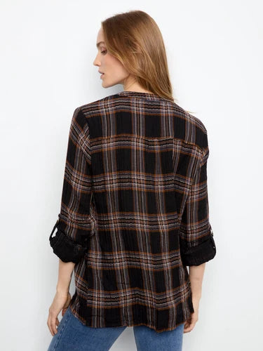 Plaid Double Gauze Blouse - Black