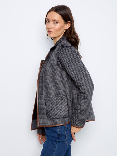 Reversible Plaid Jacket With Faux Leather Binding - Navy