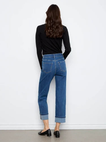 Cuffed Straight Leg Jeans With Leopard Trim - Washed Indigo