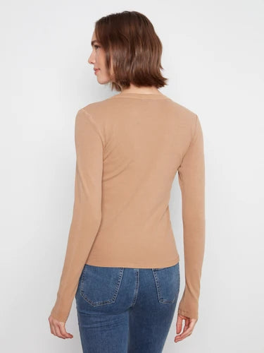Cotton Blend Ribbed Long Sleeve Top - Truffle