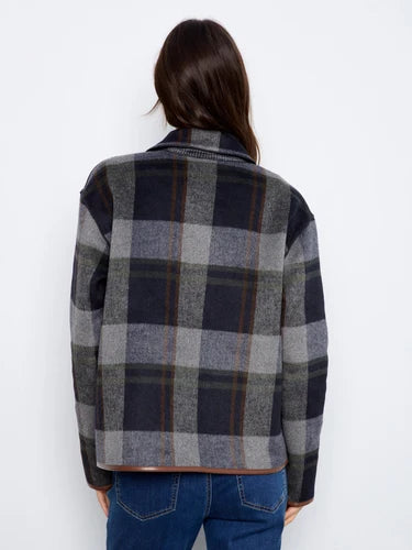 Reversible Plaid Jacket With Faux Leather Binding - Navy