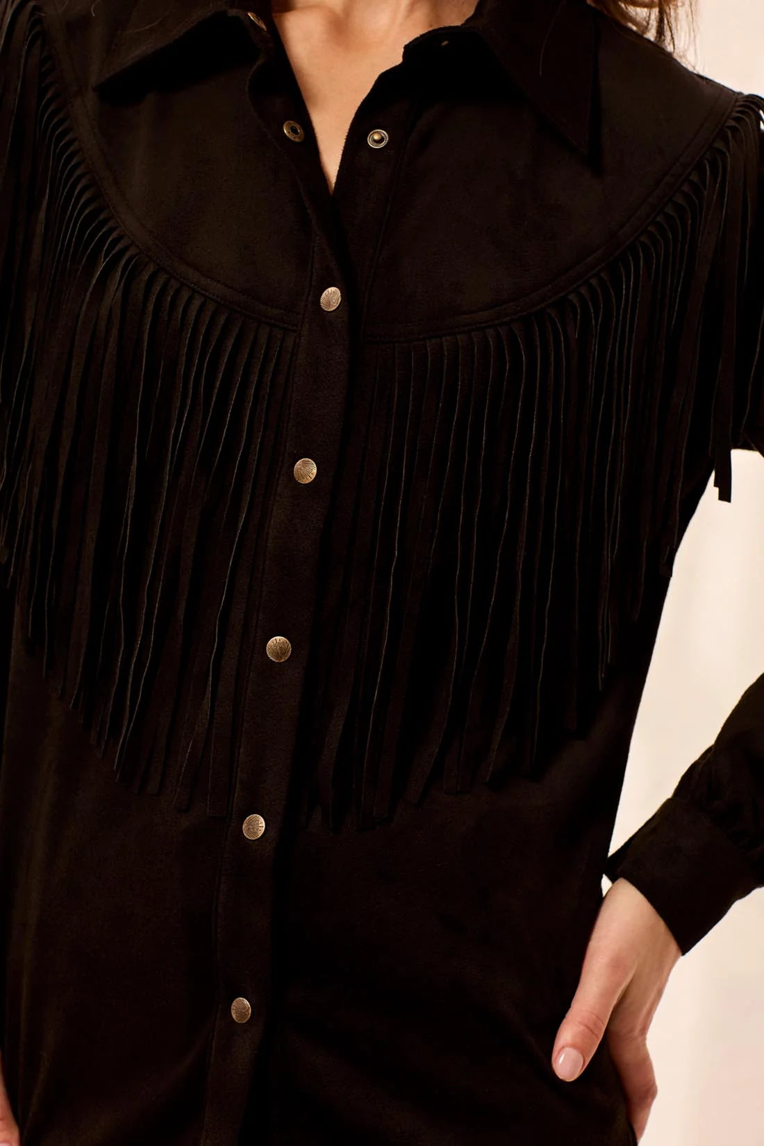 Flowy Shacket W/Fringe in Black
