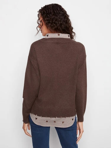 V-Neck Fooler Sweater With Embroidered Shirt Collar - Heather Coffee