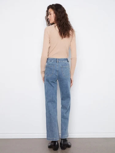 Wide Leg Jeans With Front Seam Detail - Medium Blue