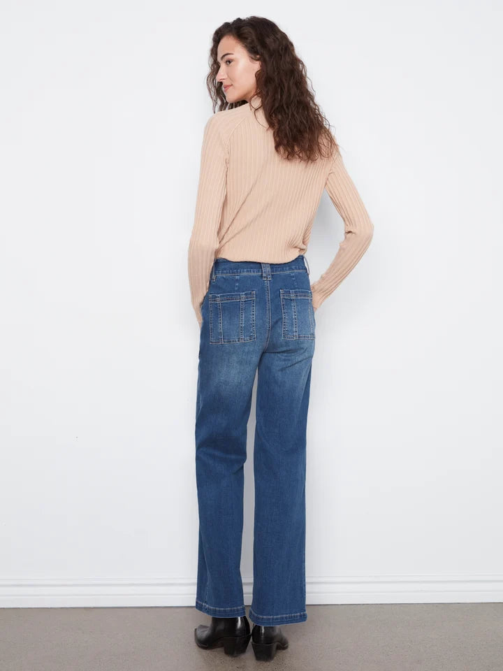 Wide Leg Jeans With Patch Pockets and Double Front Button