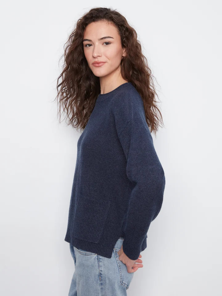 Crew Neck Cropped Sweater with Pocket - Denim