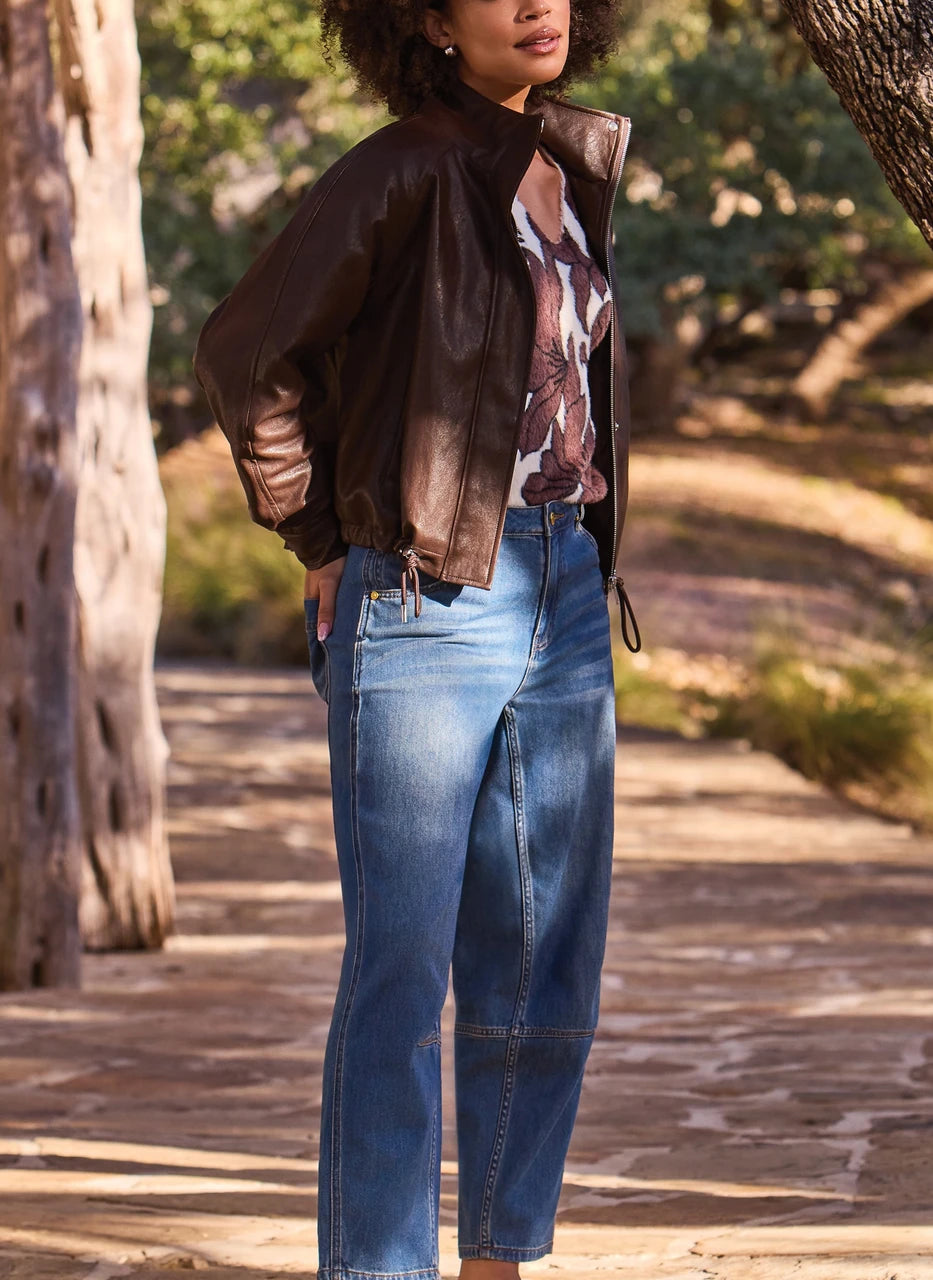 Relaxed Mock Neck Jacket in Saddle Brown