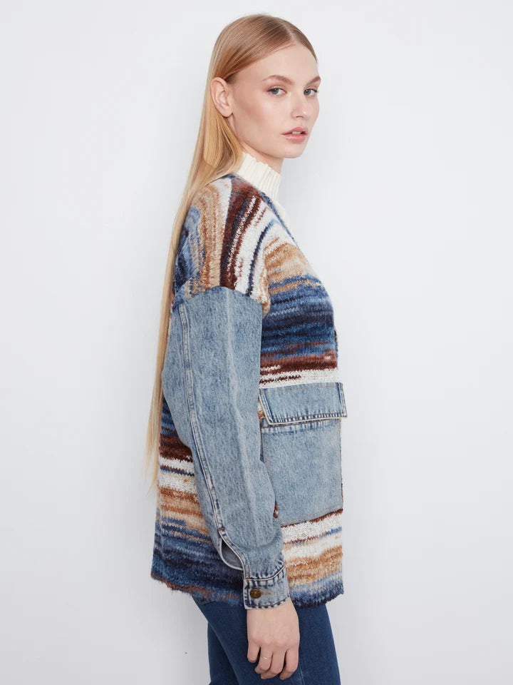 Space Dye Yarn Cardigan With Denim Combo