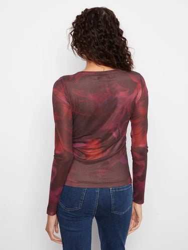 Printed Mesh Boat Neck Top - Roses