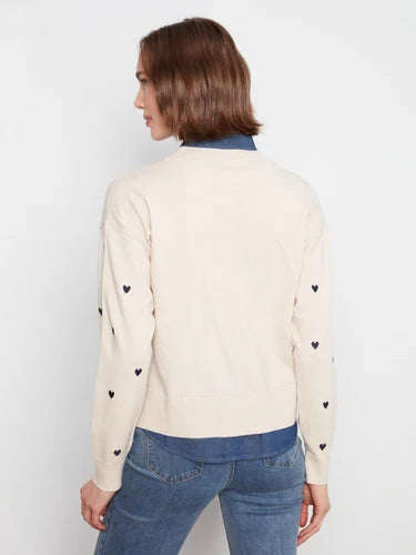 Layered Shirt Sweater With Embroidered Hearts - Heather Oat