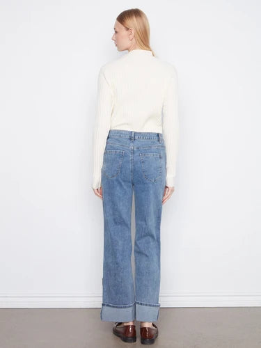 Cuffed Straight Leg Patchwork Jeans - Medium Blue