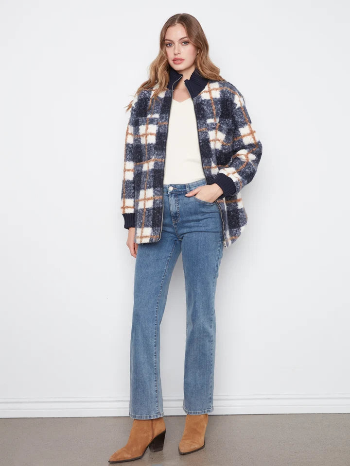 Plaid Bouclé Zip Up Jacket