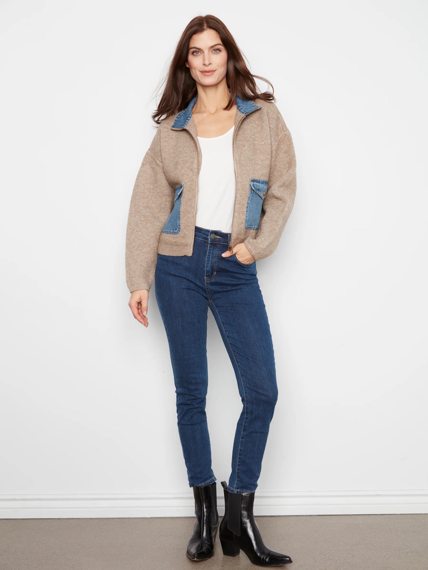 Zippered Sweater Jacket with Denim Accents