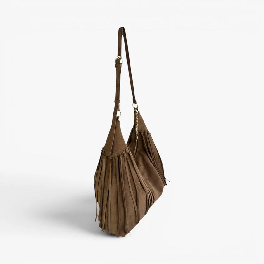 JACKIE Faux Suede Hobo Fringe Bag - Mocha