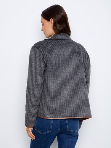Reversible Plaid Jacket With Faux Leather Binding - Navy