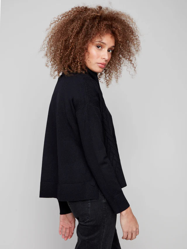 Charlie B - Cowl Neck Chevron Knit Sweater With Side Tie - Black