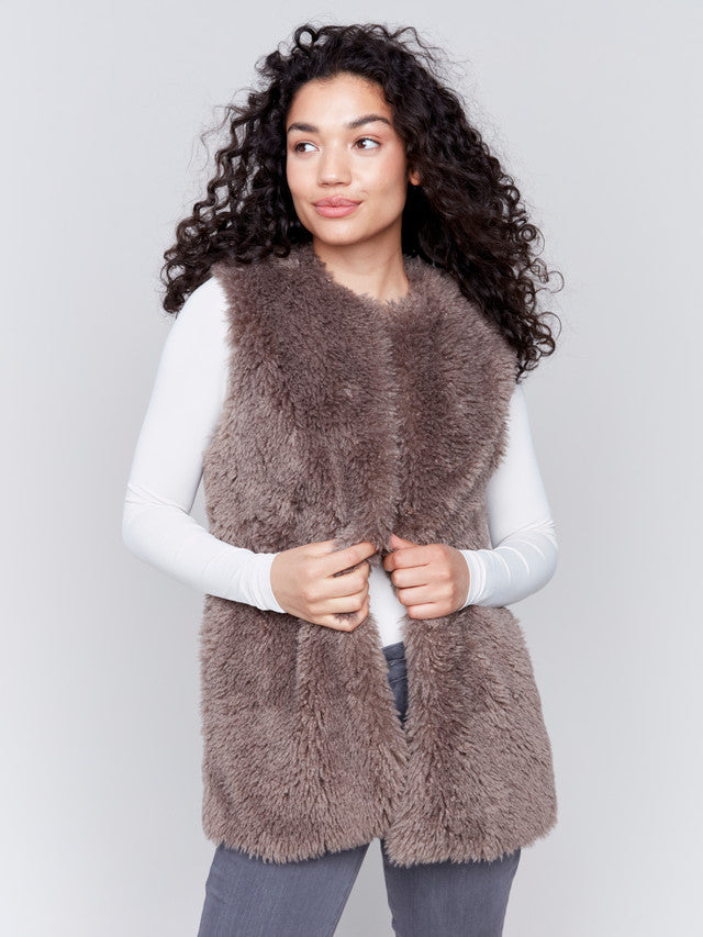 Charlie B - Long Faux Fur Vest- Taupe