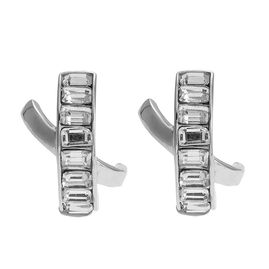 Retro Style Crossover Zirconia Embedded Earrings in White Gold