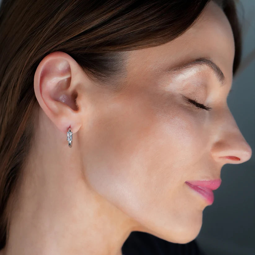 Retro Style Hoops with an Encased Clear Zirconia Charm in Silver.
