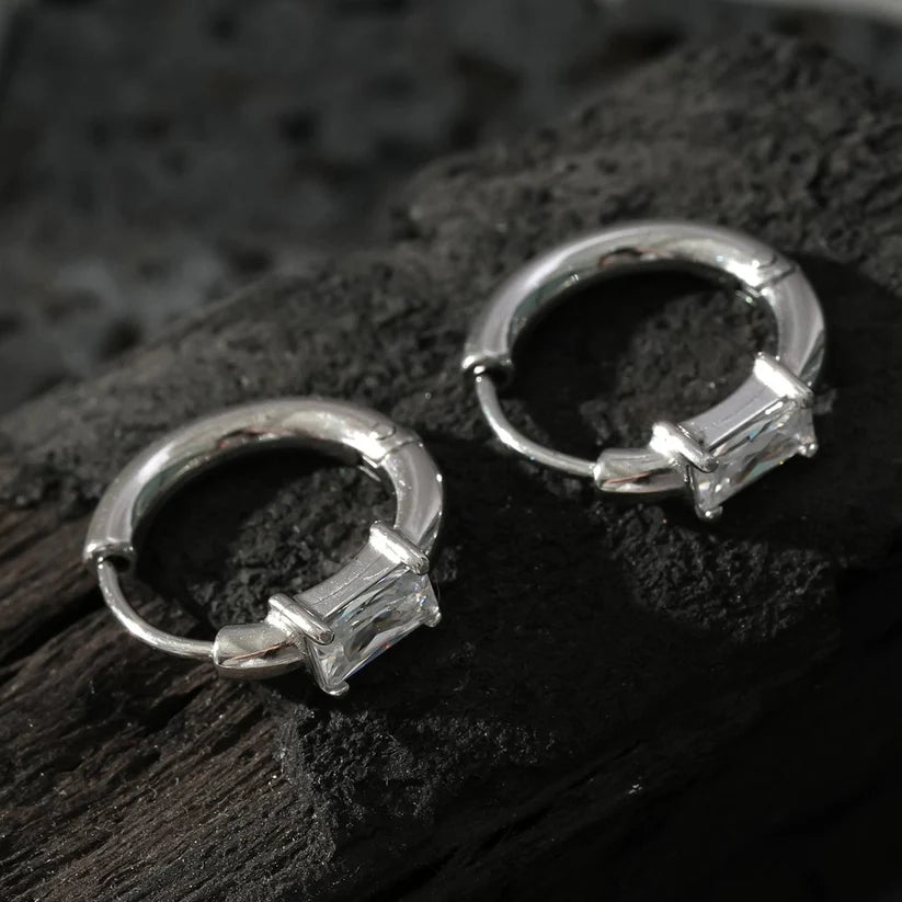 Retro Style Hoops with an Encased Clear Zirconia Charm in Silver.