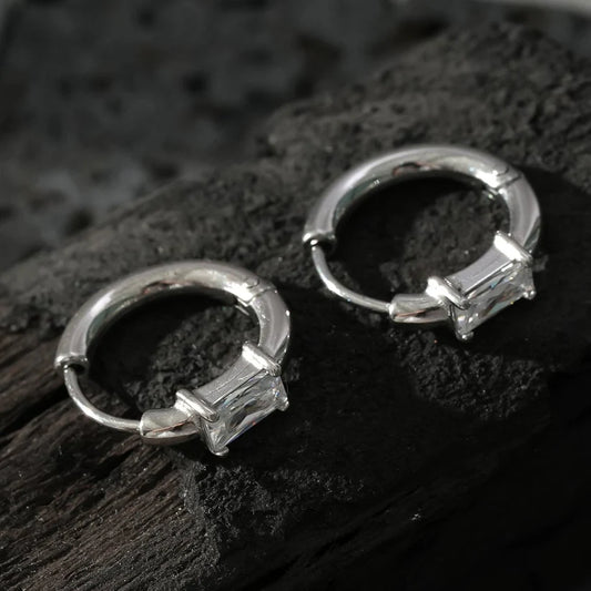Retro Style Hoops with an Encased Clear Zirconia Charm in Silver.