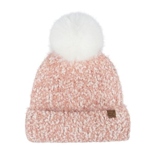 Boucle Beanie Faux Fur Pom in Rose